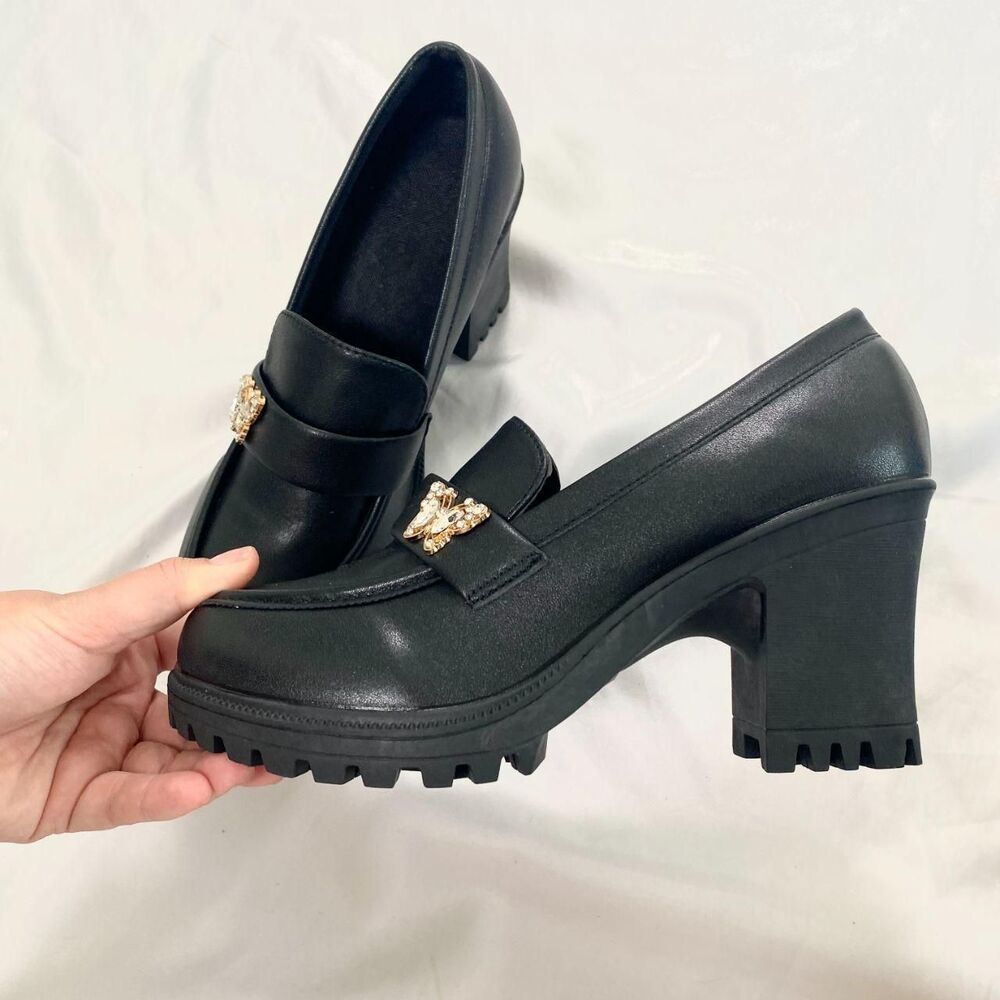 NEW Y2K Chunky Black Faux Leather Butterfly Platform Oxford Loafers US 8.5 - 9 - Picture 3 of 6